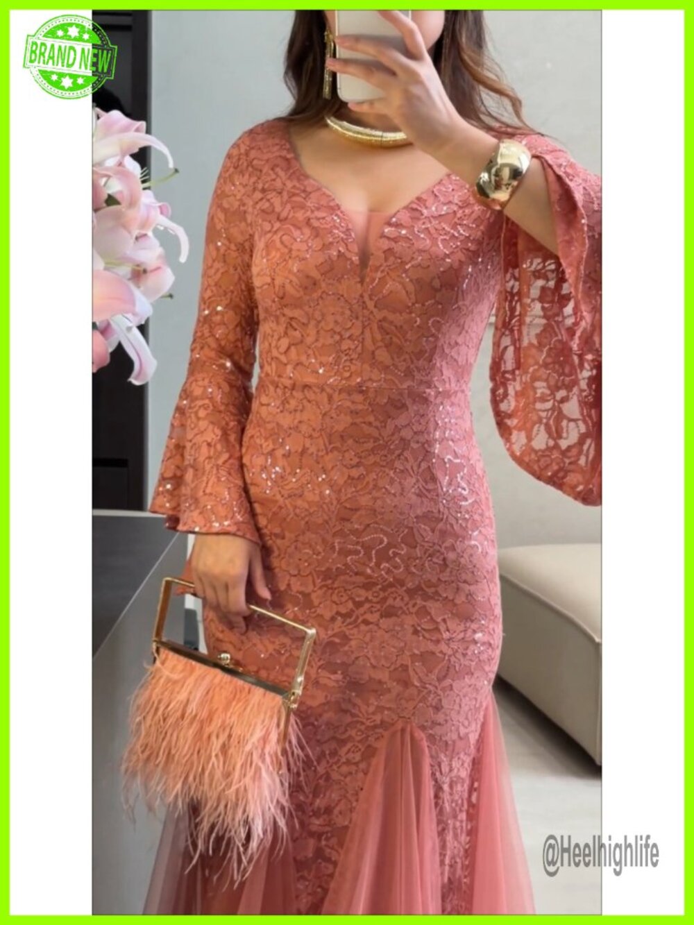 Sequin Lace Tulle Formal Evening Gown Bell Sleeve Mermaid Long Dress - Picture 6 of 6